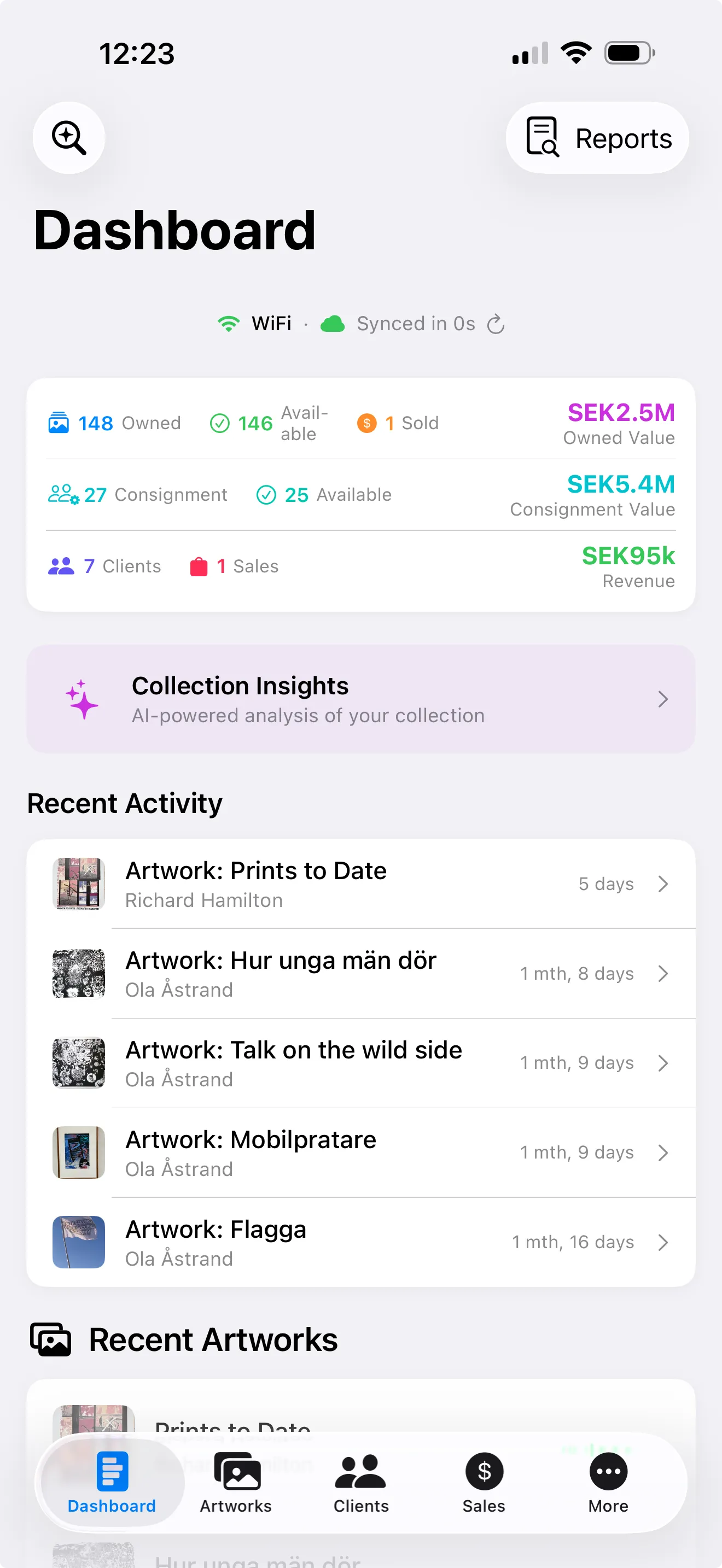 Art Aura dashboard on iPhone: owned and consignment values, client and revenue totals, Collection Insights, and recent artwork activity.