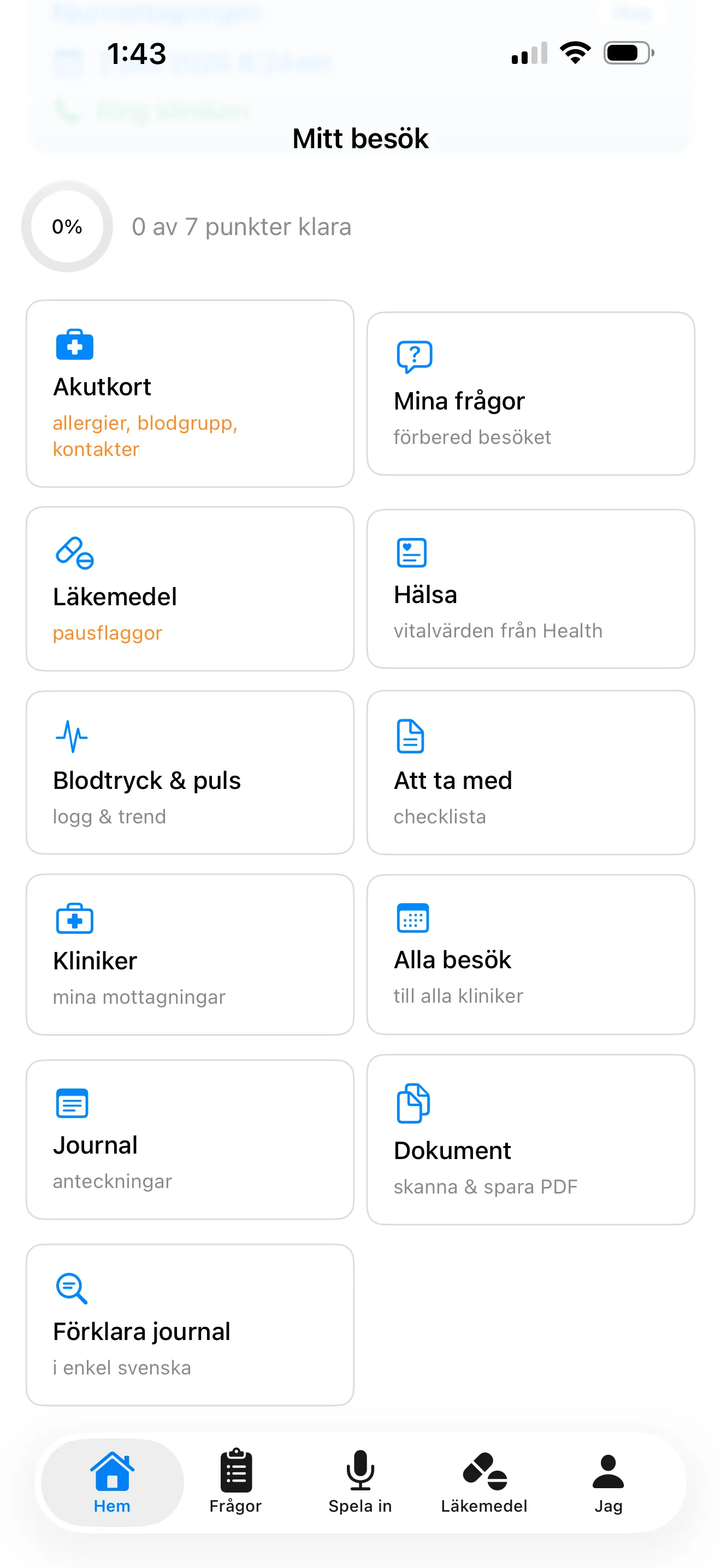 Min Hälsa “Mitt besök” screen on iPhone: a visit checklist with cards for emergency card, my questions, medications, health vitals, blood pressure, what to bring, clinics, and journal.