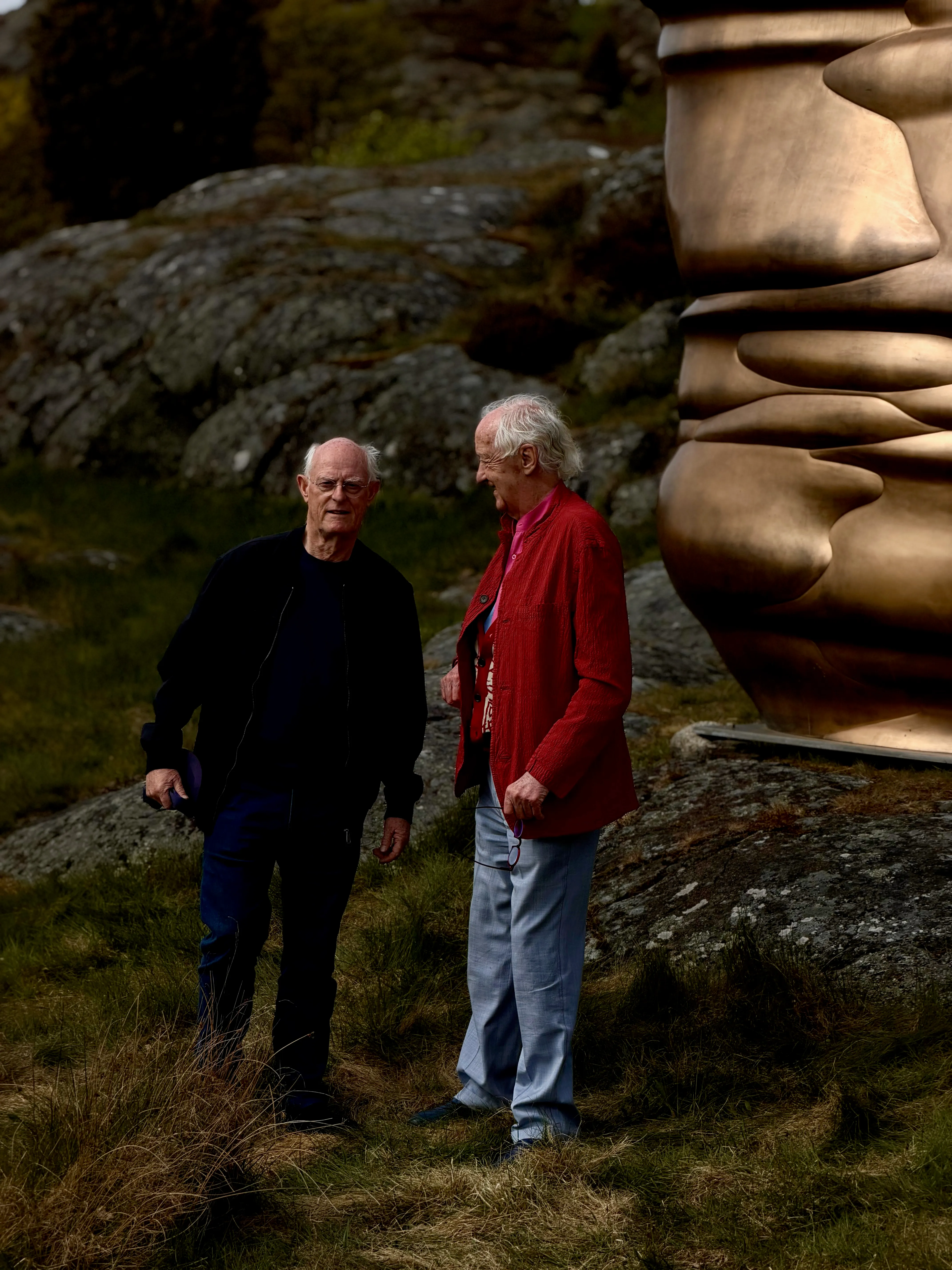 Two men in conversation on a rocky, grassy shoreline beside a large bronze sculpture of rippling, stacked forms.