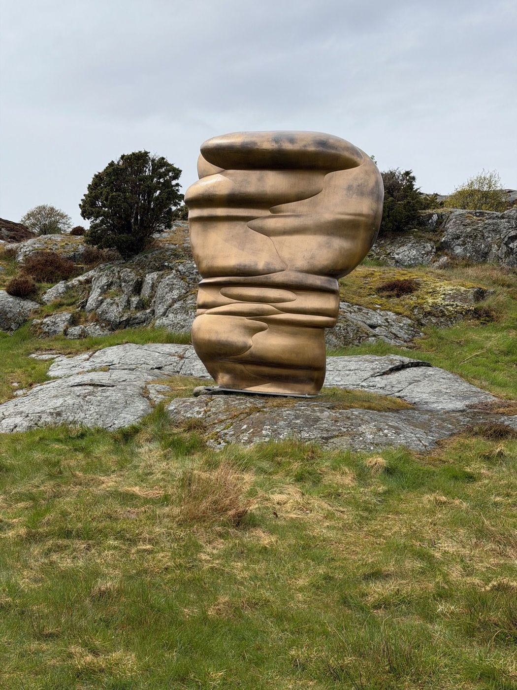 Tony Cragg, Early Forms — bronze with a golden patina against rock.